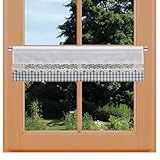 Feenhaus Scheibengardine Hannah mit Vogtländischer Spitze Landhaus Kurzgardine grau weiß kariert | blickdichter Scheibenhänger für Küche und Esszimmer | Panneaux Höhe x Breite 20 x 67 cm