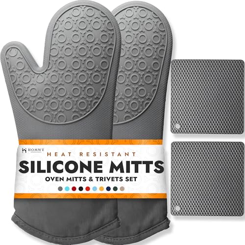 HOMWE Silicone Oven Mitts and Pot Holders, 4-Piece Set, Heavy Duty Cooking Gloves, Kitchen Counter Safe Trivet Mats, Advanced Heat Resistance, Non-Slip Textured Grip, Gray