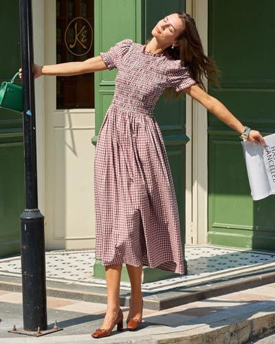 Image of RIHOAS Plaid Gingham Midi Dress Short Sleeve Smocked Dresses for Women | Cotton,Ruffle Puff Sleeves,Vintage Brown,Spring Summer Casual Daily,Picnic,Travel,Vacation,Christmas Festive Occasions
