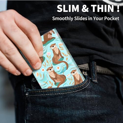 Slim Wallet for Men, Pop Up Card Holder RFID Blocking Metal Wallet Otter Pattern Design Holds Up to 9 Cards, Pop Up wallet for Notes and Coins and Debit Cards4