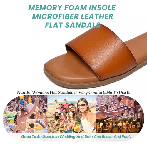 Image of NianEr Womens Microfiber Leather Memory Foam H Sandals Summer Shoes Slides | Flat, Comfortable, Slip On, Dressy, Dress, Beach, Vacation, Designer, Comfy, Casual, Bridal, Church, Boho, Office, Work