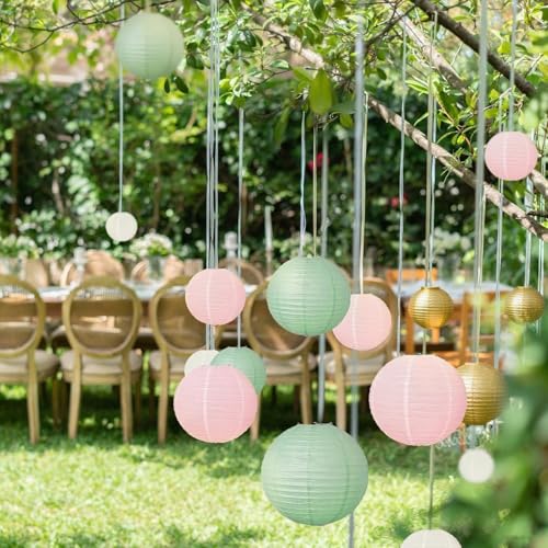 Image of Sage Green Pink Paper Lanterns Decorative 12pcs Wedding Hanging Decorations for Bridal Shower Birthday Rustic Party Neutral Baby Shower Sage Green Home Decor