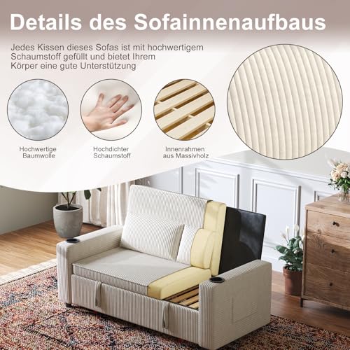 JUMMICO Schlafsofa 2 Sitzer klein Sofa mit Schlaffunktion Schlafcouch Ausziehbar mit Kissen Couch Cord-Bezug mit Getränkehalter Klappsofa Für Wohnzimmer Schlafzimmer,69 x 141 x 88 cm,Beige