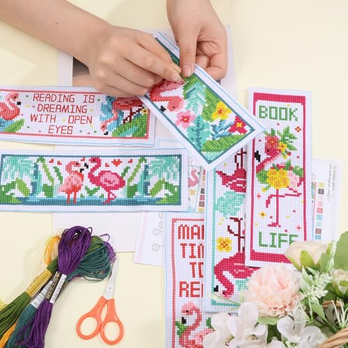 ORIGACH 6 Pcs Cross Stitch Bookmark Kit for Beginner Flamingo Bird Pattern Stamped Embroidery Stitch Kits for Starter DIY Bookmarks Printed Cross Stitch Kits for Book Lovers by ORIGACH - Image 3