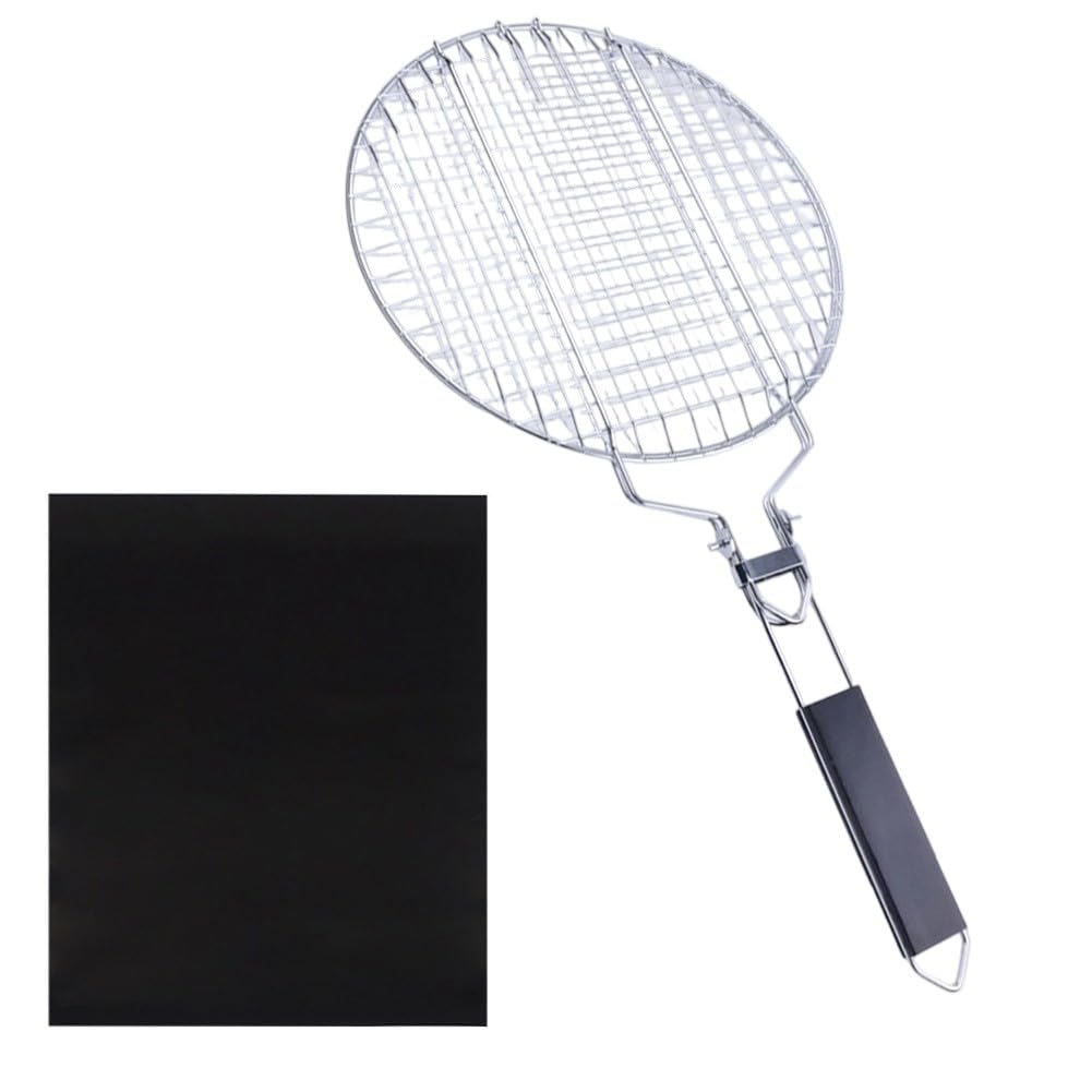 EasyByMall Grillkorb aus Edelstahl mit Holzgriff für Pfannenwender, 55 x 28 cm, Grillnetz zum einfachen Wenden von Fleisch und Gemüse, Silber