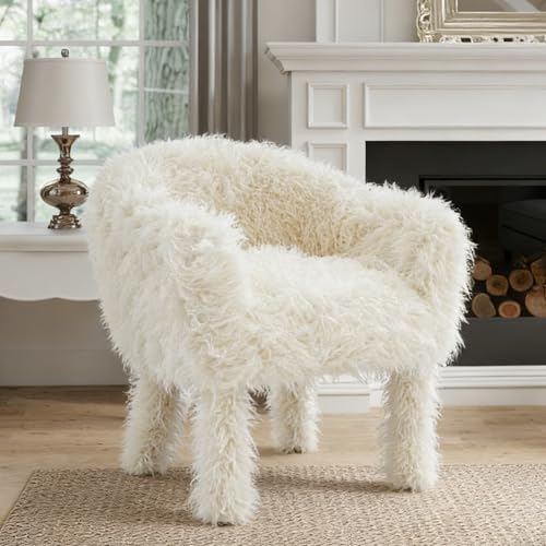 TUOMUR Modern Faux Fur Accent Chair with Solid Wood Frame, Comfy Living Chair, Cozy Furry Lounge Chair, Upholstered Armchair for Living Room, Bedroom, Vanity, Reading Nook (Ivory)