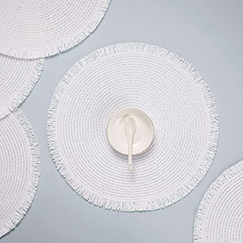 Funwheat Paper Round Braided Placemats Set Of 6 For Dining Tables 15 Inch Heat Resistant Table Mats Farmhouse Woven Fabric Natural Place Mats For Decoration With Tassel(White) #TOP4