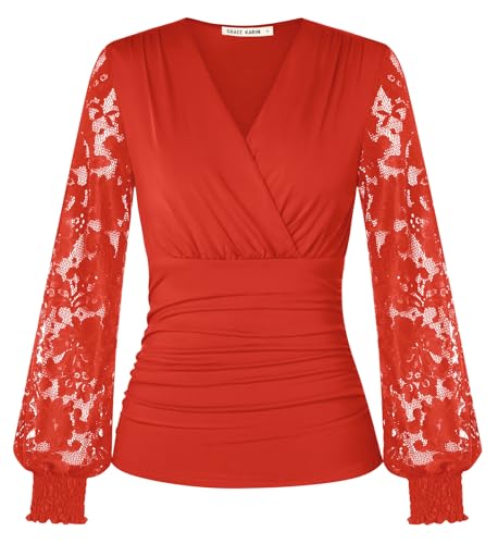 Image of GRACE KARIN Women’s Long Sleeve Tops Elegant Wrap V-Neck Ruched Tunic Blouses Casual Vintage Blouse Shirt Red M