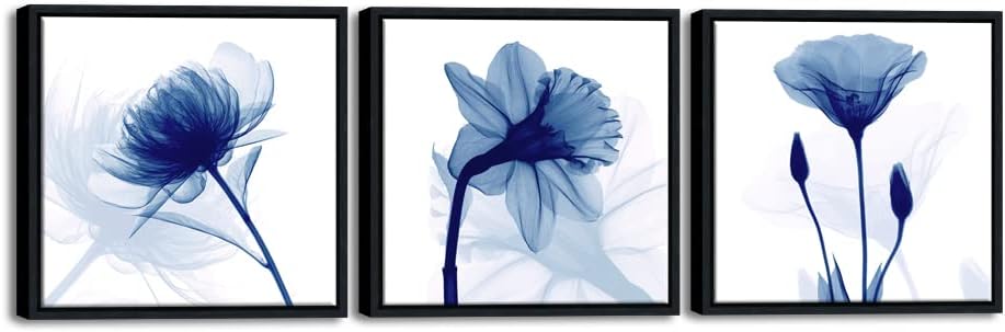 Wieco Art Framed Blue Abstract Flowers 3 Panels Canvas Prints Wall Art Modern Pictures Artwork for Living Room Bedroom Home and Office Decorations with Black Frame