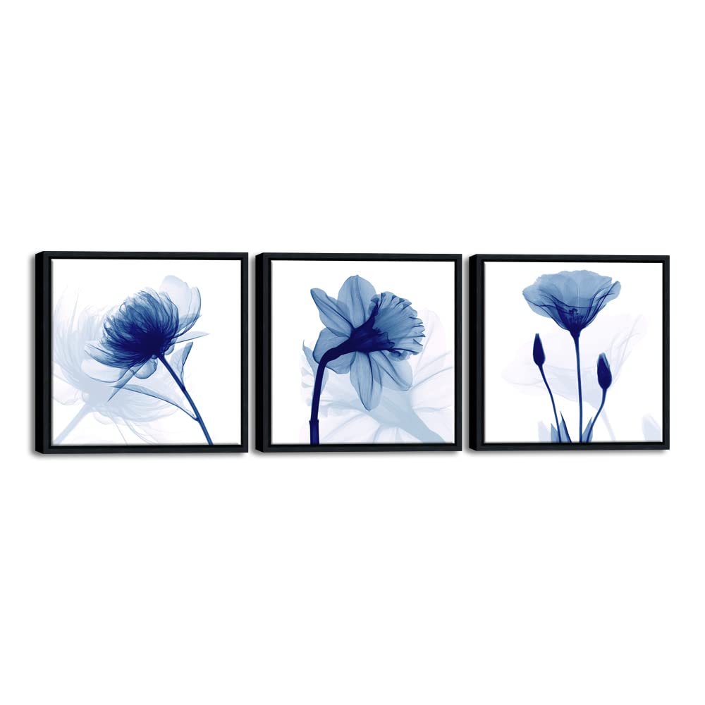 Wieco Art Framed Blue Abstract Flowers 3 Panels Canvas Prints Wall Art Modern Pictures Artwork for Living Room Bedroom Home and Office Decorations