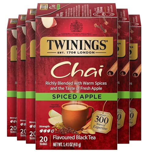 Twinings Spiced Apple Chai Black Tea Individually Wrapped Bags, 20 Count (Pack of 6), Sweet, Savoury Spices, Caffeinated, Enjoy Hot or Iced, 120 Teabags