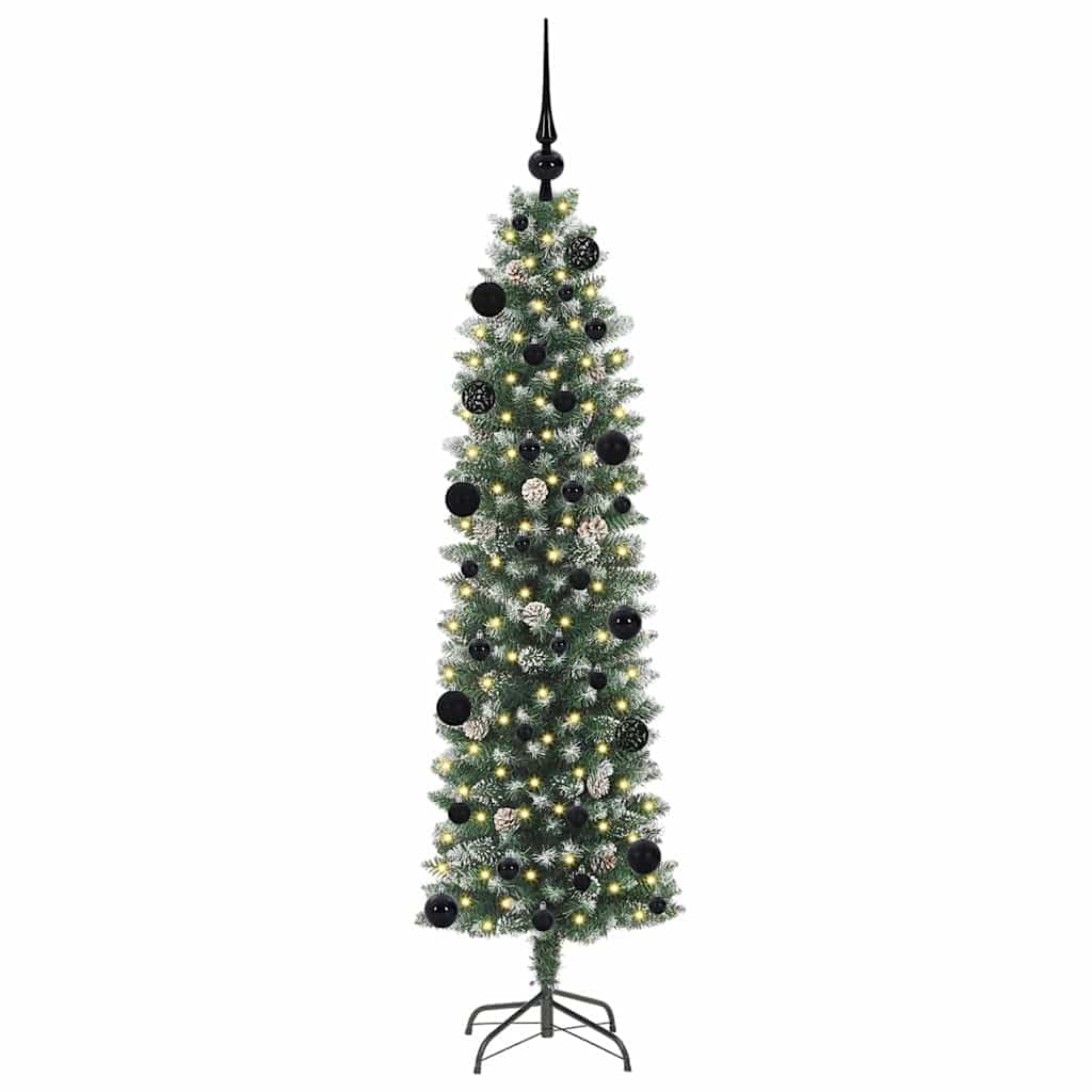 Sztuczna smukła choinka, zielono-biała 150 cm, z 150 diodami LED, końcówki z PCW, 8 trybów, zasilanie USB, do użytku wewnątrz i na zewnątrz