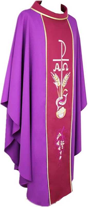 BLESSUME Chasuble for Priest Embroidered Chi-Rho Alpha Omega Wheat Fishes