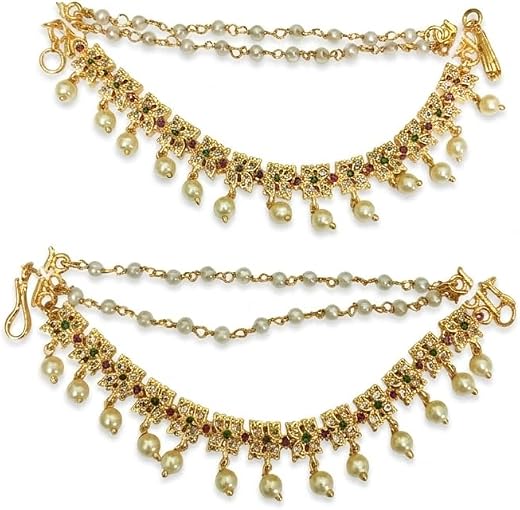 Gold-Toned Mattal Kaanchain with Pearl Drops, Ruby and Emerald Stone Embellishments, Bridal Indian Jewellery