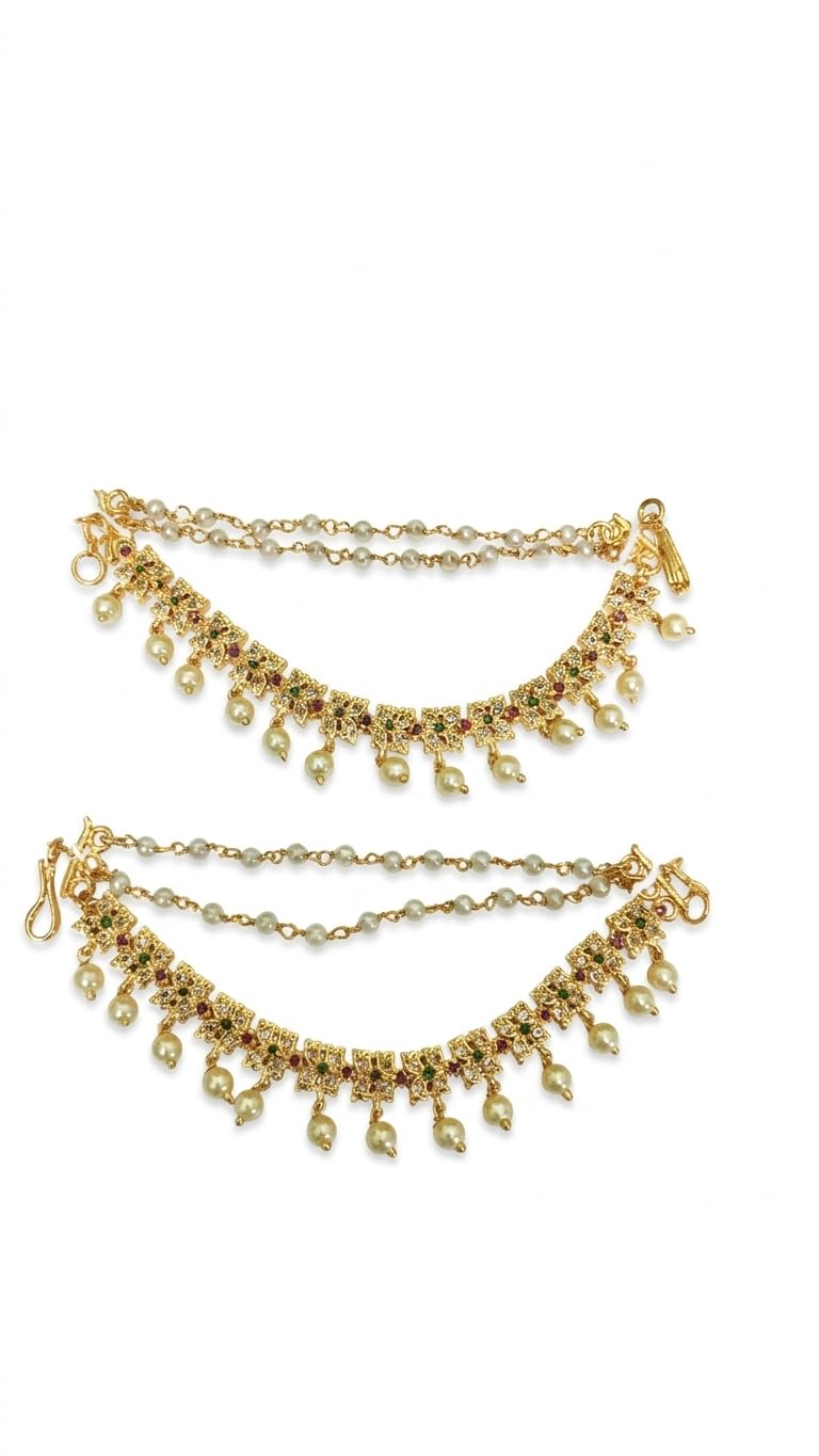 Gold-Toned Mattal Kaanchain with Pearl Drops, Ruby and Emerald Stone Embellishments, Bridal Indian Jewellery - Review, Price and Buying Guide