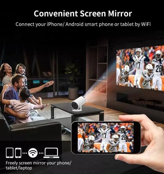 A living room scene showing the HY300 projector displaying content from a smartphone onto a large screen via screen mirroring.