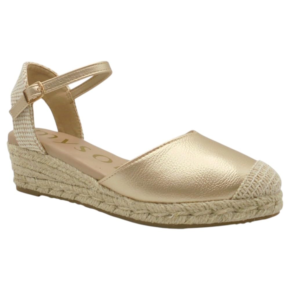 mysoft - 25M102 Alpargatas de Mujer Platino con Cuña 4 cm, Plataforma 2 cm, Cierre de Hebilla, Planta de Gel Acolchada y Puntos de Relajación para: Mujer