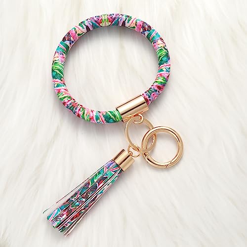 Coolcos Key Ring Bracelets Wristlet Keychain Bangle Keyring - Large Circle Leather Tassel Bracelet Holder For Women Gift (Purple cabbage) - Thumbnail 2
