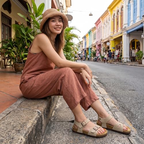 Image of CUSHIONAIRE Lauri Cork Footbed Sandals for Women with Back Strap, Adjustable Double Buckle Ankle Strap Sandals, Memory Foam