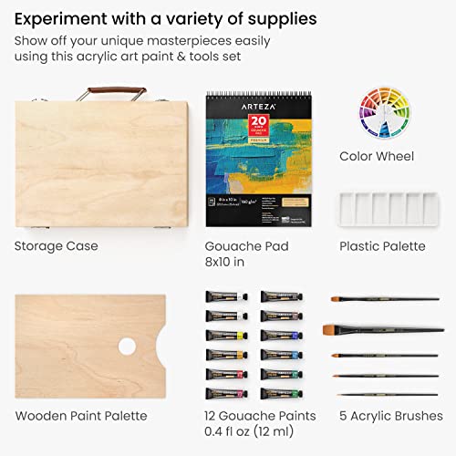 Arteza Gouache Paint Kit, 21 Pieces Art Set, 12 Gouache Art Paint Tubes, 5 Acrylic Brushes, Paper Pad, Plastic Palette, And Wooden Storage Case, Art Supplies For Professional Artists And Hobbyists #TOP1