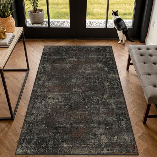 Black 3x5 Washable Indoor Rug, Non-Slip, Charcoal