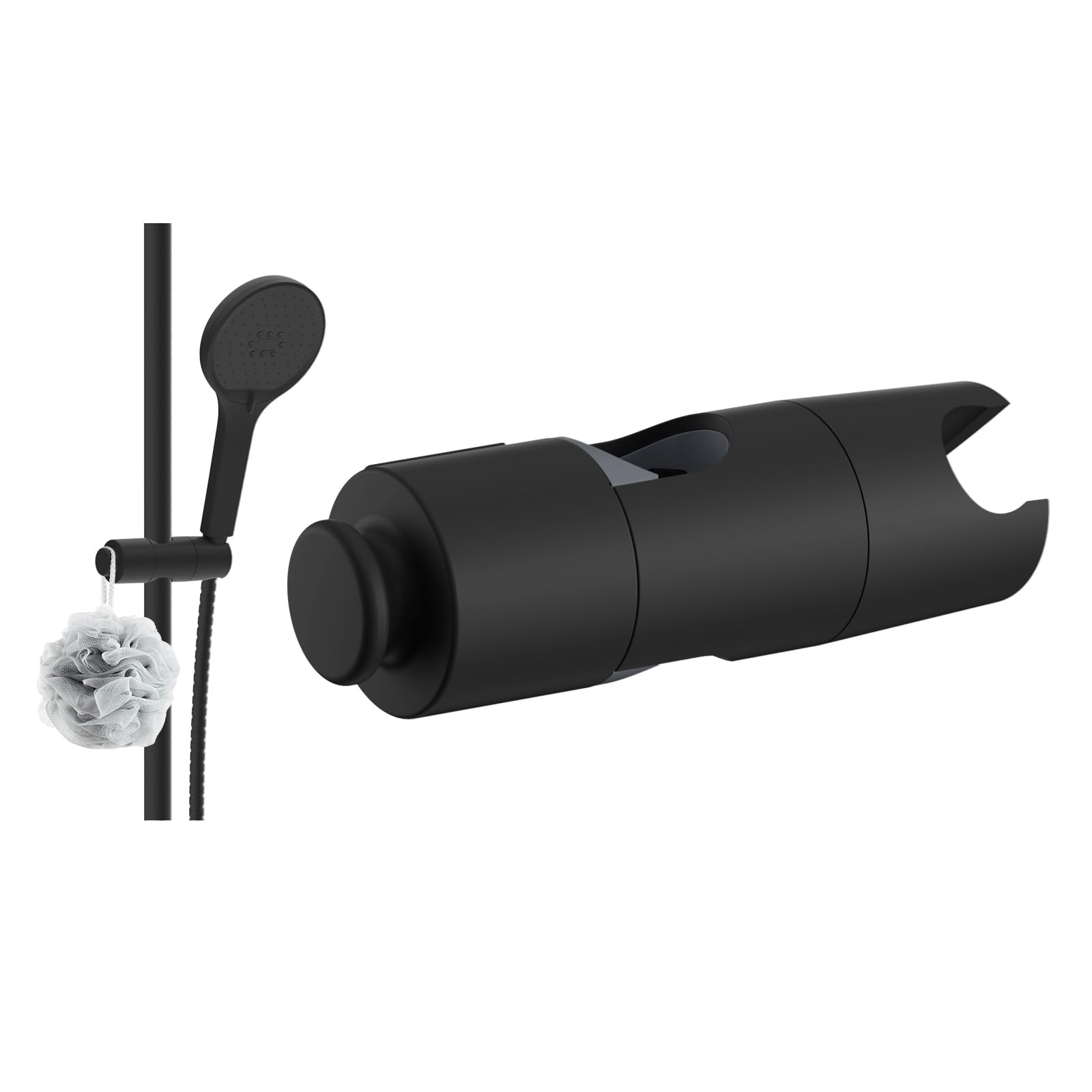 Hibbent Universal Adjustable Shower Holder with Hook - Fits 19-23.5mm Shower Heads & 18-25mm Rails, ABS Chrome Slider Clamp Bracket, Black