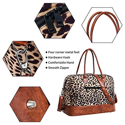 Weekend Bag for Women Leopard Travel Duffle Carry on Bags Overnight Tote with Zipper Luggage Sleeve(Brown)