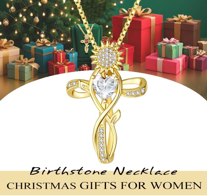 HeartMelody Cross Necklace for Women,18K Gold/ White Gold Plated Sunflower Cross Pendant Diamond Necklaces Christian Everyday Faith Cross Jewelry First Communion Gifts, 12-Color Birthstone Necklace for Women - Image 3
