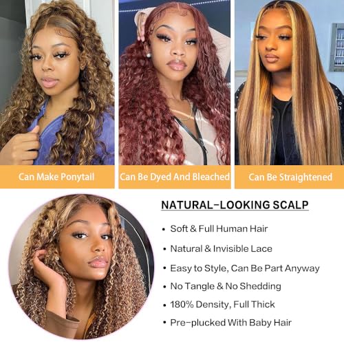 Image of 28inch Highlight Ombre Lace Front Wig Human Hair 13x6 HD Honey Blonde 4 /27 Deep Wave Lace Frontal Wigs Glueless Wigs Human Hair