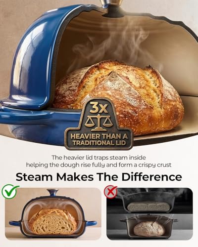 Image of 5QT Enameled Cast Iron Sourdough Bread Oven for Homemade, Blue | Tight-fitting Dome Lid, Shallow Base Supports Easier Loading & Crisp Sourdough Crusts, Gifts for Sourdough Bakers