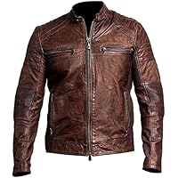Cafe Racer Brown Mens Chaqueta de cuero para hombre, chaqueta de cuero marrón vintage, chaquetas de motociclista de cuero de piel de cordero real para hombres, marrón, XS