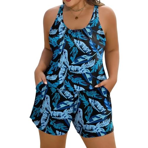 Arolina Women's Plus Size Swim Romper One Piece Swimsuits Modest Bathing Suit with Pockets (S-24W) Small Blue Leaves