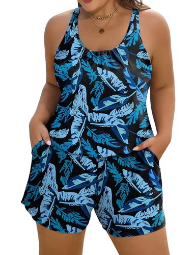 Arolina Swim Romper Swimsuits for Women Plus Size One Piece Modest Bathing Suit with Pockets Swimwear Blue Leaves