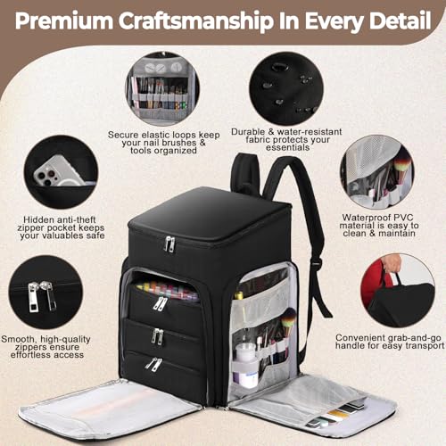 DERSTUEWE Professional Nail Polish Organizer Backpack, Black Storage Case with Multiple Compartments, Portable Travel Carrying Bag for Nail Art Supplies by DERSTUEWE - Image 5