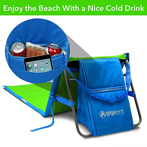 GigaTent Portable Beach Lounge Chair Mat Adjustable Backrest with Cooler Storage Pocket Lightweight Foldable Comfortable Insulated Shoulder Carrying Strap