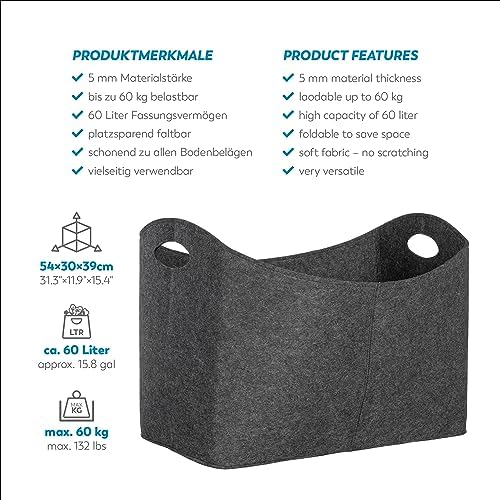 Rubberneck Torba na drewno kominkowe XL z filcu na drewno, gazety, drewno kominkowe torba filcowa o wymiarach 54 x 30 x 39 cm (antracytowa)
