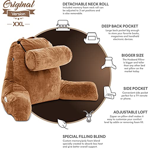 Image of Husband Pillow XXL Tan Backrest with Arms - Adult Reading Pillow Shredded Memory Foam, Ultra-Comfy Removable Microplush Cover & Detachable Neck Roll, Unmatched Support for Bed Rest Sit Up Pillow
