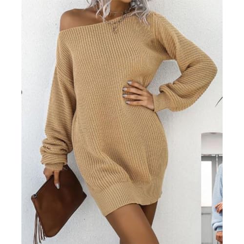 Image of Crew Neck Long Sleeve Sweater Mini Dress, Casual Knit Dress | Soft acrylic sweater mini with crew neck and long sleeves, cozy for winter, work, holidays and daily wear