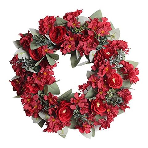 Artificial Flower Decorative Door Wreath - 45cm Flower Garlands with Green Leaves, Decoration Hanging Wreath for Spring Summer Valentine Weding Party Home Decor (Red) Cover