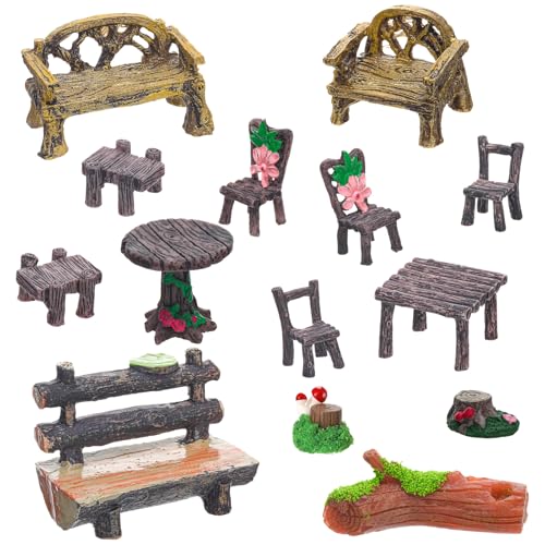 GGSTDDUP 14 Pcs Fairy Garden Accessories, Miniature Table and Chairs Set, Mini Resin Furniture, Miniature Garden Figurines for Fairy Garden Dollhouse Landscape DIY Craft Glass Container Desktops Decor