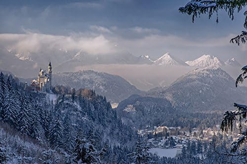 Germany Castles Winter Mountains Forests Neuschwanstein Bavaria (No.011105) - Poster Art Print on Canvas 36x24 inch