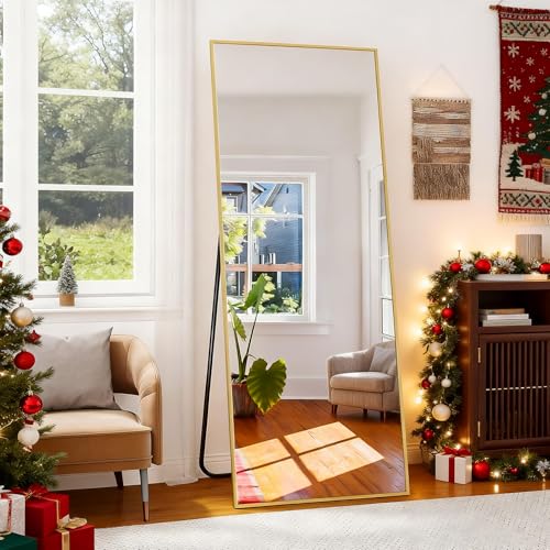 Image of BEAUTYPEAK Full Length Mirror with Stand, 56 inchx21 inch Floor Mirror with Aluminum Alloy Thin Frame, ShatterVue Tempered Full Body Mirrors, Free Standing or Wall-Mounted Mirrors for Living Room, Gold