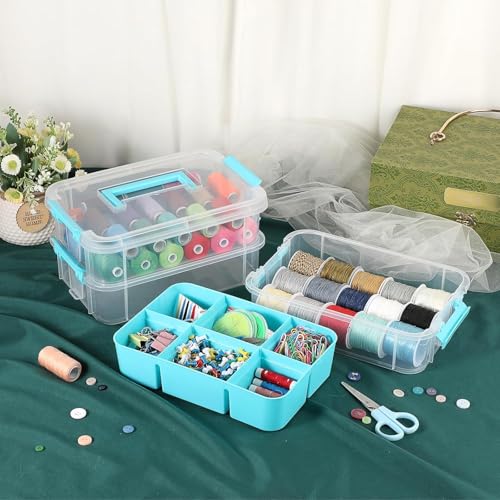 Image of plastic boxes for Storage transparent boxes for storage, Portable & Stackable Space Saving Organiser with Lid for Medicine, Jewelry, Arts & Crafts, Buttons, Beads (Blue, 4 TIER WITH 2 TRAY)