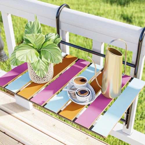 [en.casa] Tavolino da Ringhiera Tavolino Appeso da Balcone con Piano a Doghe in Legno di Pino Tavolo Ribaltabile Piano Regolabile in Altezza 60 x 40 x 58 cm Multicolore