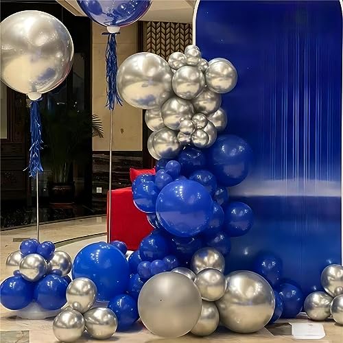 Image of 130pcs 8 /12 /10 /5 Inch Royal Blue and Silver Latex Balloons Garland Arch Kit