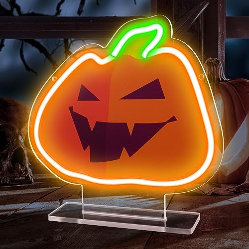 Image of Thanksgiving Pumpkin Neon Signs, Fall Pumpkin Neon Light Sign for Bedroom Wall Decor, USB Powered Light up Sign with Base, Pumpkin LED Signs Room Decor Aesthetic for Thanksgiving Decoration Gift