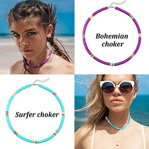 Hicarer 6 Pieces Seed Bead Choker Necklace Bohemian Surfer Boho Beads Choker Necklace Colorful Heishi Vinyl Necklace Chain Beach Jewelry For Women Girls #TOP6