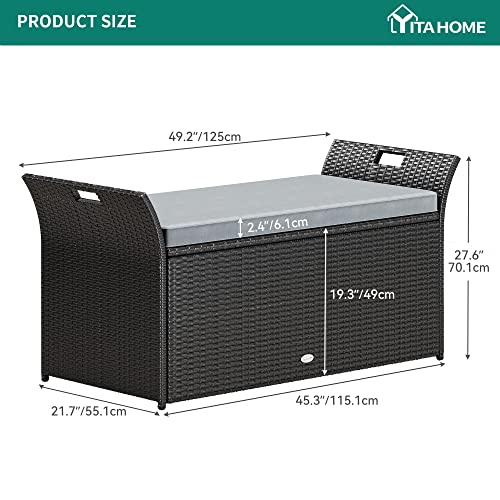 YITAHOME 90 Gallon Outdoor Wicker Storage Bench w/Cushion, Large PE Rattan Deck Storage Box w/Handles & Hydraulics for Patio Furniture, Cushions, Garden Tools, Pool & Sports Equipment, Black&Grey by YITAHOME - Image 6