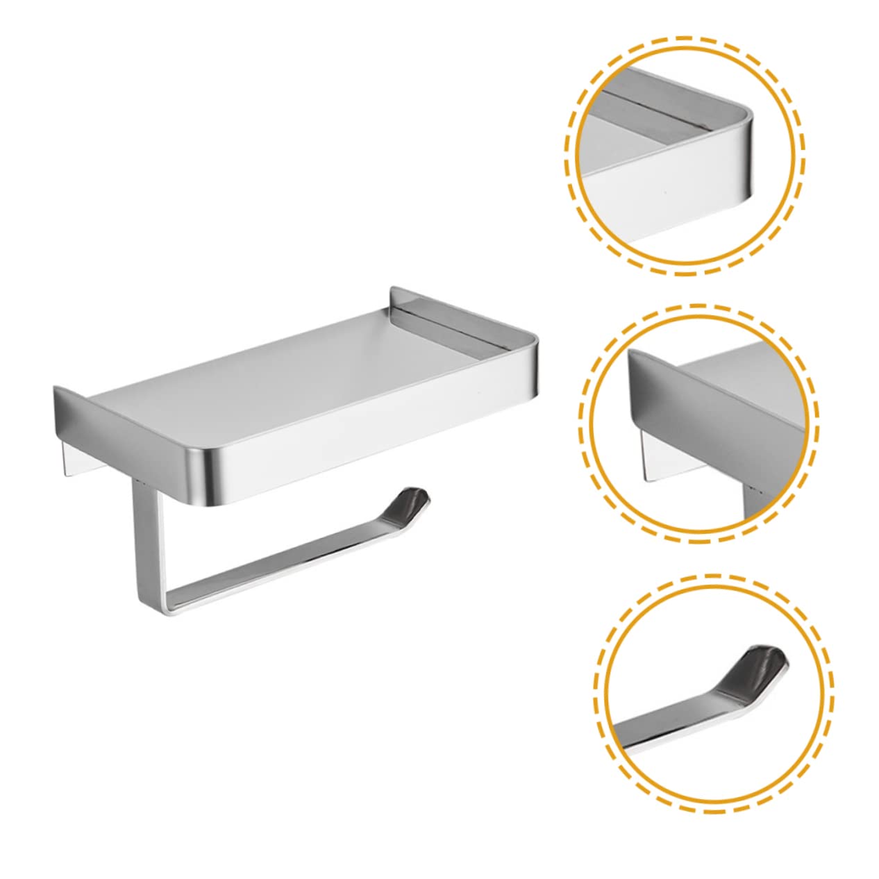 Portarrollos con Instalación Adhesiva de Papel Higiénico de Acero Inoxidable con Estante para Teléfono y Diseño de Bordes hacia Arriba en Color Plata para Baños y Aseos