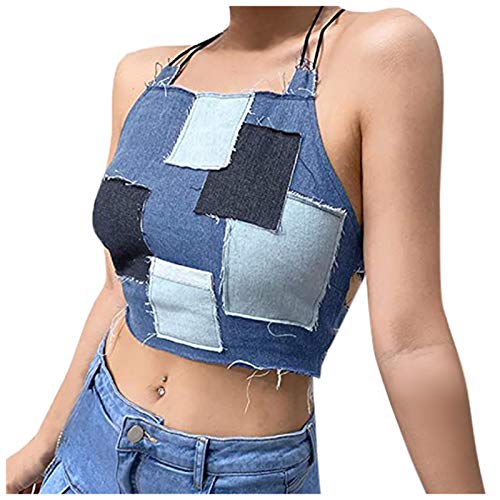 Chanyuhui Halter Tops for Women Sexy Contrast Color Sleeveless Tank Top Backless Denim Fashion Camisole